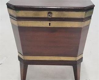 2023 - English lift top wine cellaret with brass trim locking with key lined & separated interior 23 x 24.5 x 18
