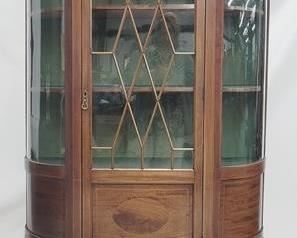 2026 - English inlaid curved glass curio delicate inlay, lined interior individual window lite 69.5 x 46.5 x 15
