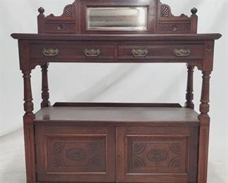 2036 - Victorian carved English server with mirror pull out wine cellaret carved backsplash with beveled mirror 2 top drawers over 2 doors 59 x 48 x 20