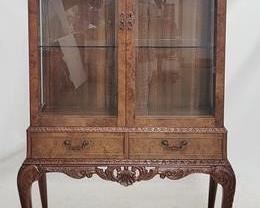 2044 - Fancy French carved curio on tall leg pierce carved skirt, beveled glass, glass shelves 63 x 39 x 16
