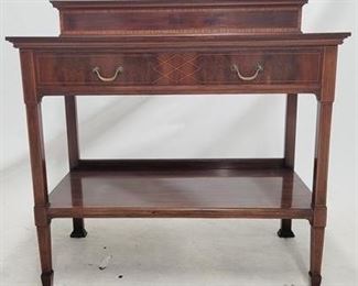 2045 - English inlaid Georgian server flaming mahogany, one drawer, inlaid backsplash 42 x 42 x 21.5
