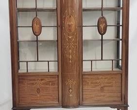 2051 - Edwardian English inlaid curio cabinet intricately inlaid all over splay legs, with key 69 x 44.5 x 13
