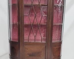 2054 - English Georgian inlaid curio cabinet satin lined interior, curved glass 69.5 x 43.5 x 16

