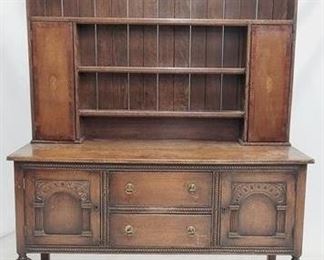 2053 - English carved oak Welsh cupboard nautilus shell inlay, 2 part, pierce carved rack 83 x 60 x 21.5
