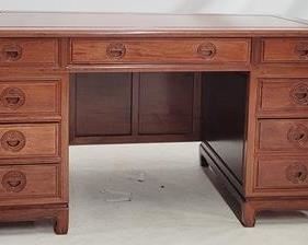 2056 - Asian rosewood executive desk carved Oriental pulls, tang leg privacy panel 31.5 x 60 x 30
