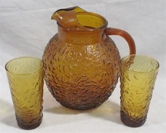 2446 - Anchor Hocking Milano amber pitcher & tumblers glasses - 5.5" tall pitcher - 9" tall
