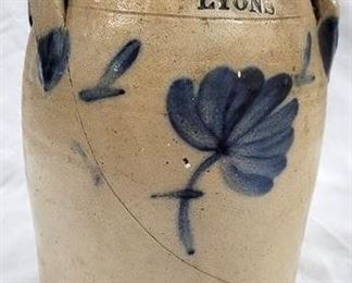 2612 - Antique stoneware blue decorated crock signed "LYONS" has cracks
