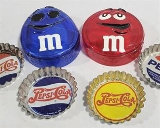 6580 - M&M Glass Trinket Boxes & Metal Pepsi Coasters
