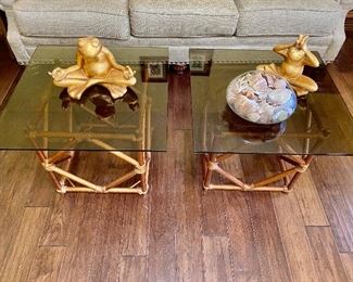 Pair of smoky glass topped bamboo square tables