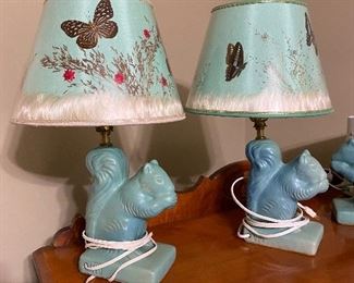 Selling as a PAIR are these turquoise squirrel lamps by Van Briggle Pottery with original shades in MINT condition