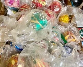 Vintage, handmade Christmas ornaments with beads and sequins.