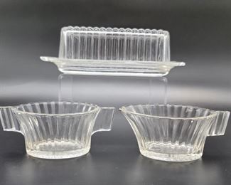 (3) Vtintage Queen Mary Clear by Anchor Hocking:
Domed Butter
Creamer & Open Sugar
Clear, Pressed Glass
Discontinued Pattern 1936-1949