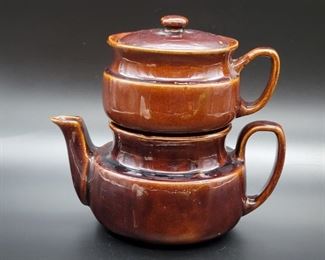 Vintage Brown Pottery Teapot Set, Marked USA