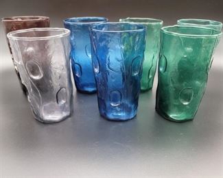 (7) Vtg. Thumbprint Pressed Colored Glass Tumblers
