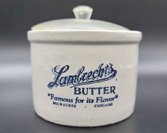 Vintage Lambrecht's Butter Crock w Clear Glass Lid