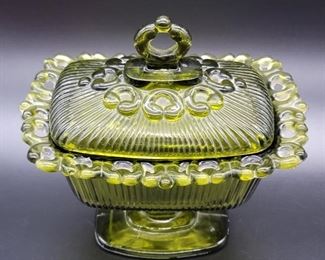 Lace Edge Olive Green Footed Candy Box & Lid