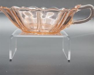 Pink Pressed Ribbed Glass Gravy / Sauce Boat