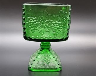 Vintage Green Pressed Glass Footed Open Sugar