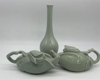 (3) Korean Celadon Pottery: 2- Lotus Teapots, +
1- Bud Vase