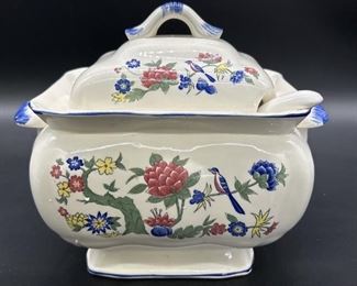 Ceramic Soup Tureen w/ Asian Bird & Flowers, Japan