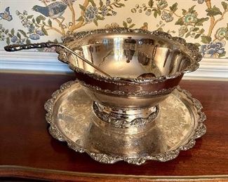 Vintage Silver Plate Punch Bowl with Tray and Ladle