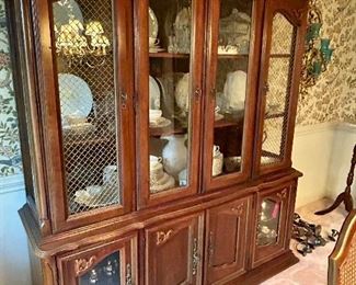 Vintage Lighted China Cabinet with Wire Screen Side Doors