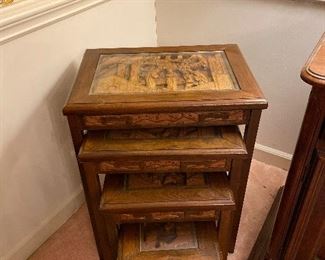Vintage Carved Wood Nesting Tables
