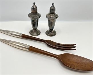 Vintage Weighted Silver Salt & Pepper Shakers By Emoire & Wood With Silver Plate Salad Tongs From France
Lot #: 53