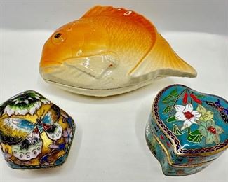 2 Miniature Cloisonne Trinket Boxes & Ceramic Goldfish Covered Dish
Lot #: 14