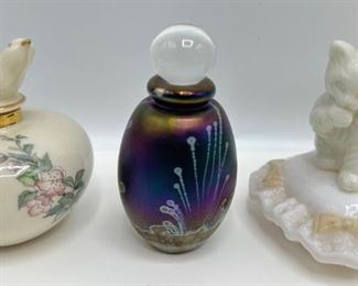 3 Perfume Bottles: Robert Eickholt Iridescent Glass, Signed, Lenox, & Dog Figurine With Felt Tail Dauber
Lot #: 16