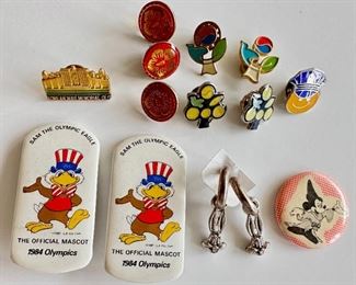 1992 Warner Bros Bugs Bunny Earrings & 12 Pins: 1984 Olympics, Vintage Mickey Mouse Pin & Lapel Pins
Lot #: 116