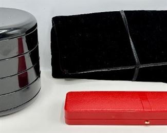 Jewelry Boxes: Velvet Travel Case, Faux Alligator Necklace Box & Rotating Plastic Box
Lot #: 137