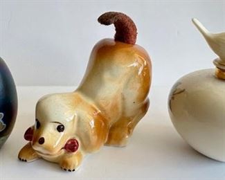 3 Perfume Bottles: Robert Eickholt Iridescent Glass, Signed, Lenox, & Dog Figurine With Felt Tail Dauber
Lot #: 16