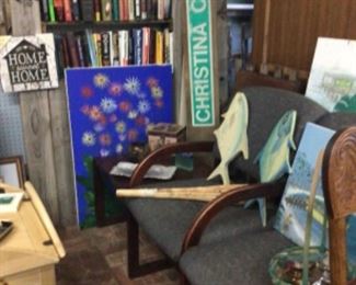 reception area seating (2 attached chairs with side table) $120, books, art