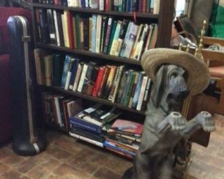 more books, book shelf, student trombone, dog