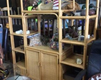 rattan etagere $110., decor items stools