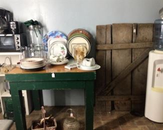 kitchenware, table, barn door, water dispenser 