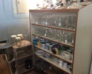 glassware, stock pots, shelf