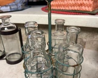 Vintage Metal Wire Caddy with Bottles and Bird Topper