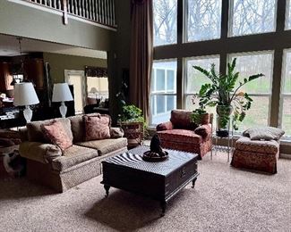 Living room, furniture, music sofa, loveseat, arm chair, and trunk style coffee table