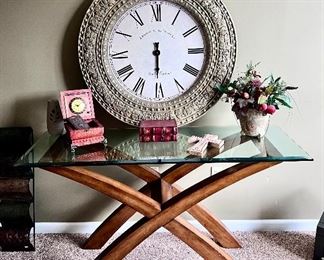 Modern sofa table / console table, large wall, clock, and decor