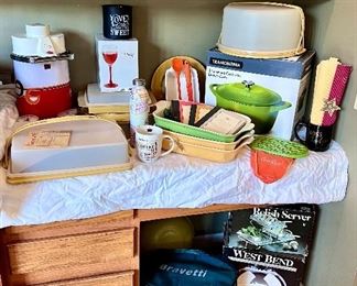 Cast-iron pot, vintage, Tupperware, crockpot, popcorn maker, wine glasses and bake ware 