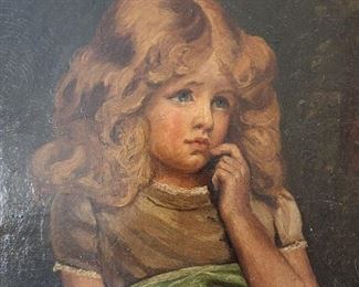 Close up of antique framed oil painting depicting a young girl