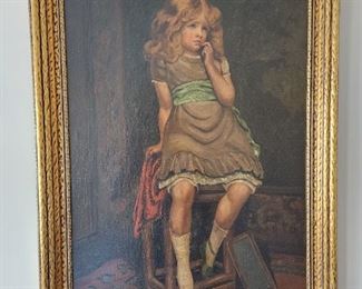 Antique framed oil painting of a young girl, once hung in Miss Hulling's restaurant 