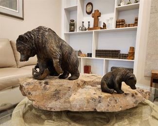 Tim Whitworth bronze "Fishing Rock" bronze bear family on granite