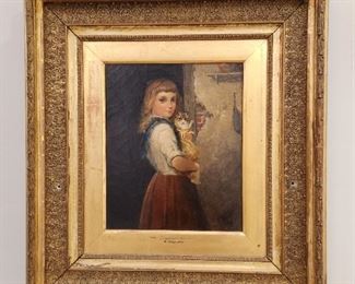 Antique framed oil painting by Fannie Moody entitled "Companions"