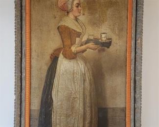"The Chocolate Girl" advertising oil painting, after Jean-Etienne Liotard with the original tin shown in next photo