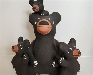 Kachina "Storyteller" brown bear with three cubs, signed Aima