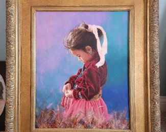 Larry Riley (b. 1947) framed oil painting on canvas depicting a young girl in field purchased from Sanders Gallery 