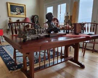 Trestle dining table with two leaves